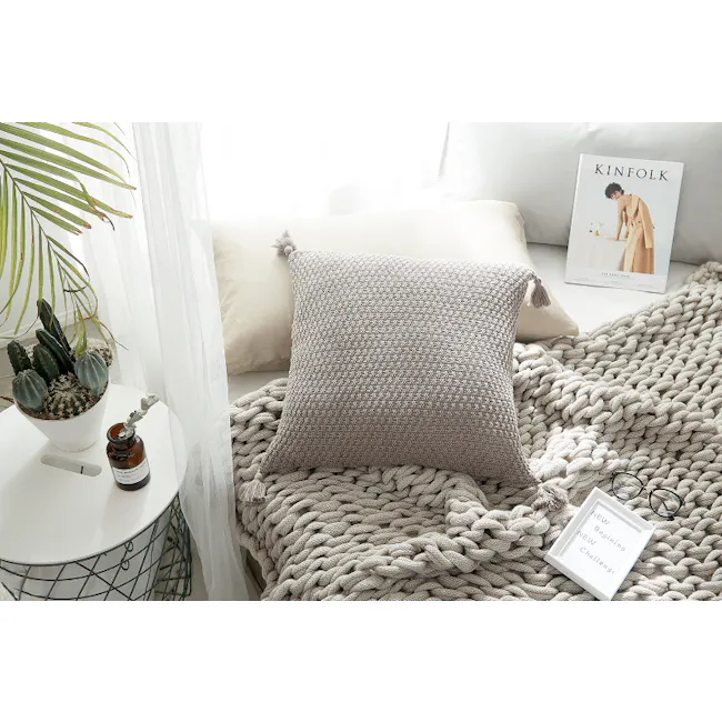 Laura Knitted Cushion Cover - Taupe - 2 - Cushion, knitted blanket, potted cactus, white curtains, cozy bed, beige pillows