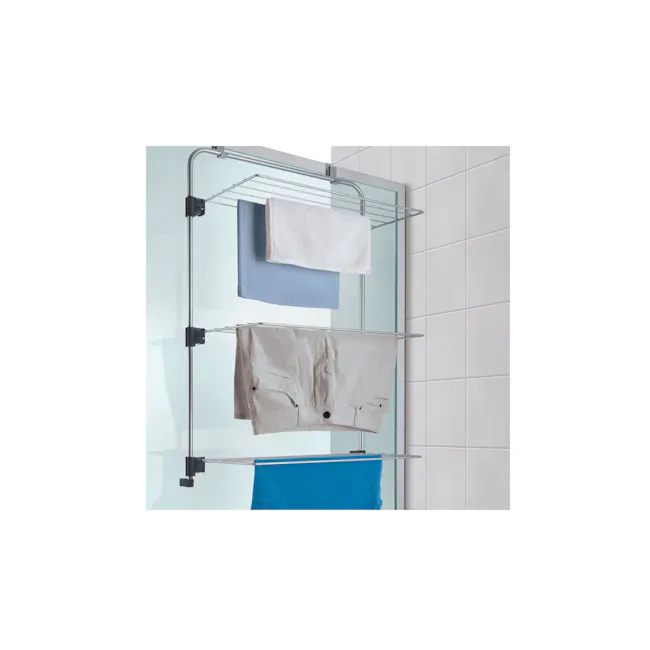 Metaltex Gale 3 Tier Laundry Dryer Holder - Silver - 2 - Glass shower stall with neatly folded towels, metal rack, white and