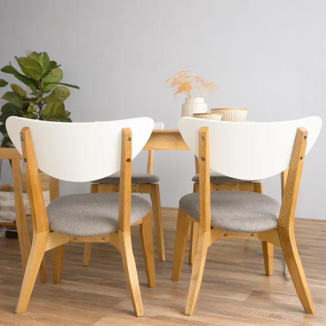 Charmant Dining Table 1.1m - Natural, White - 9 - Modern dining room, minimalist design, wooden chairs, gray cushioned
