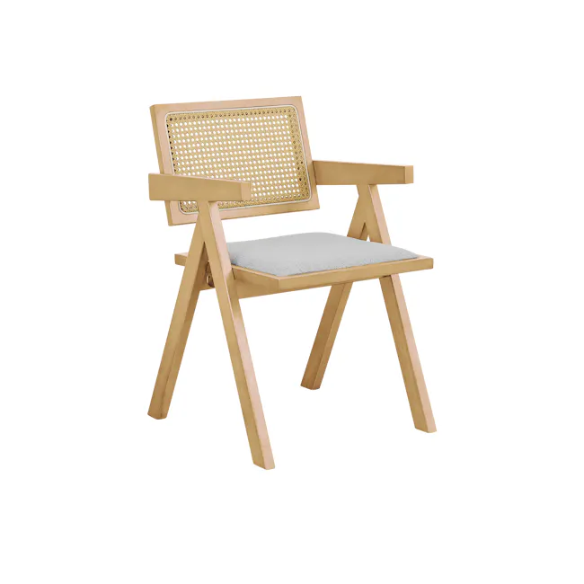 Dean Rattan Armchair - Oak, Light Grey (Fabric) - 1 - Wooden chair with woven backrest, light beige finish, light blue