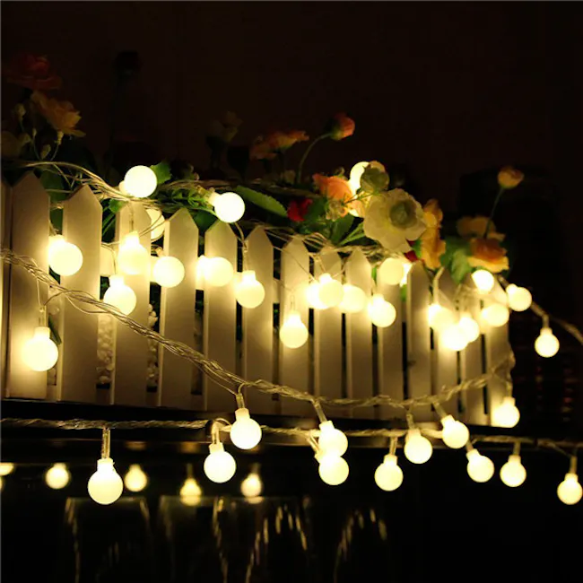 Mini Globe String Lights 10m - Warm - 6 - White picket fence, string lights, glowing bulbs, fairy lights, night scene, cozy