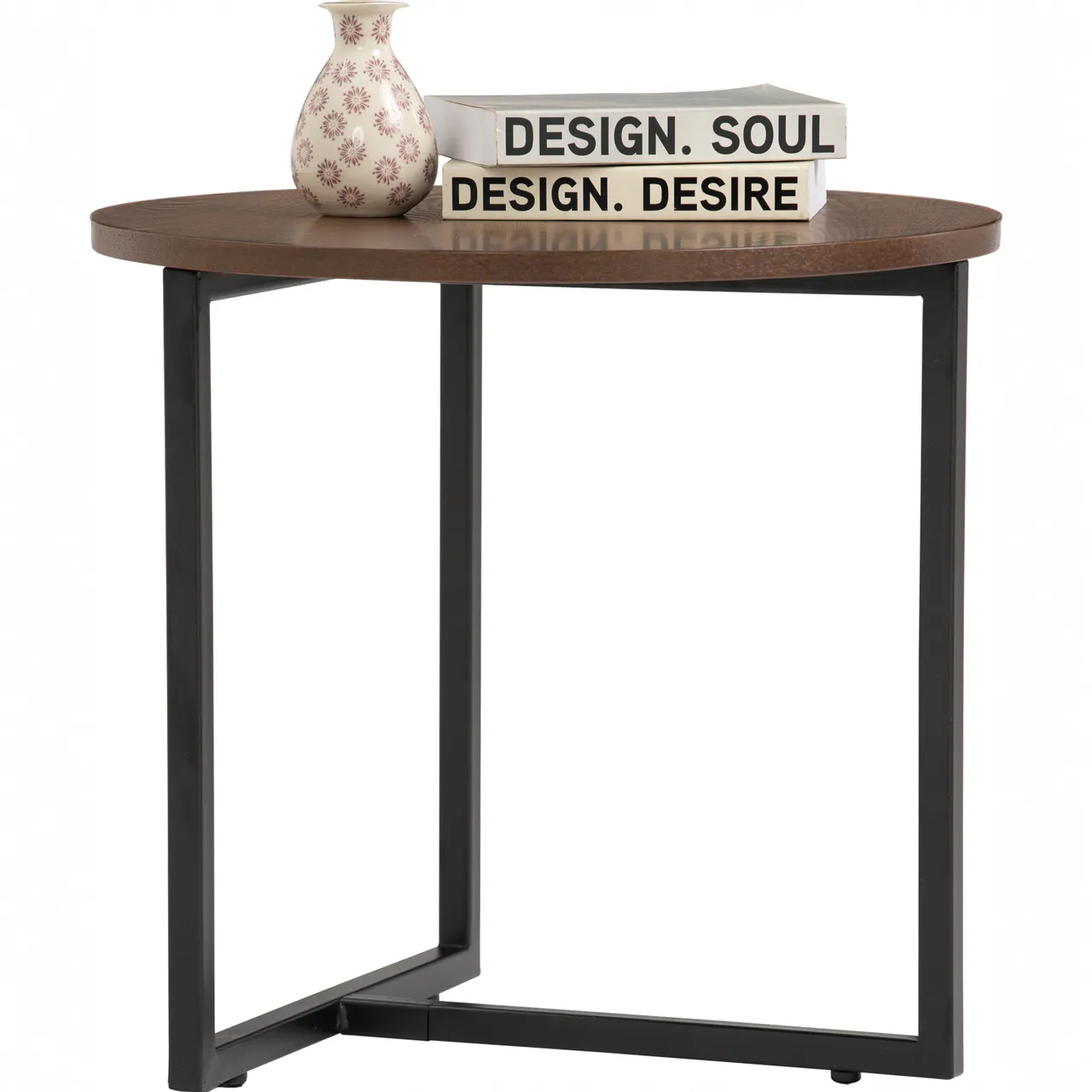 Felicity Round Side Table - Walnut - 10 - vintage ceramic vase, minimalist table, natural wood finish, black metal frame