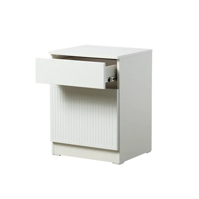 Wynn Bedside Table - Cream White - 2 - White modern cabinet with drawer, minimalist design, sleek surface, vertical ridged