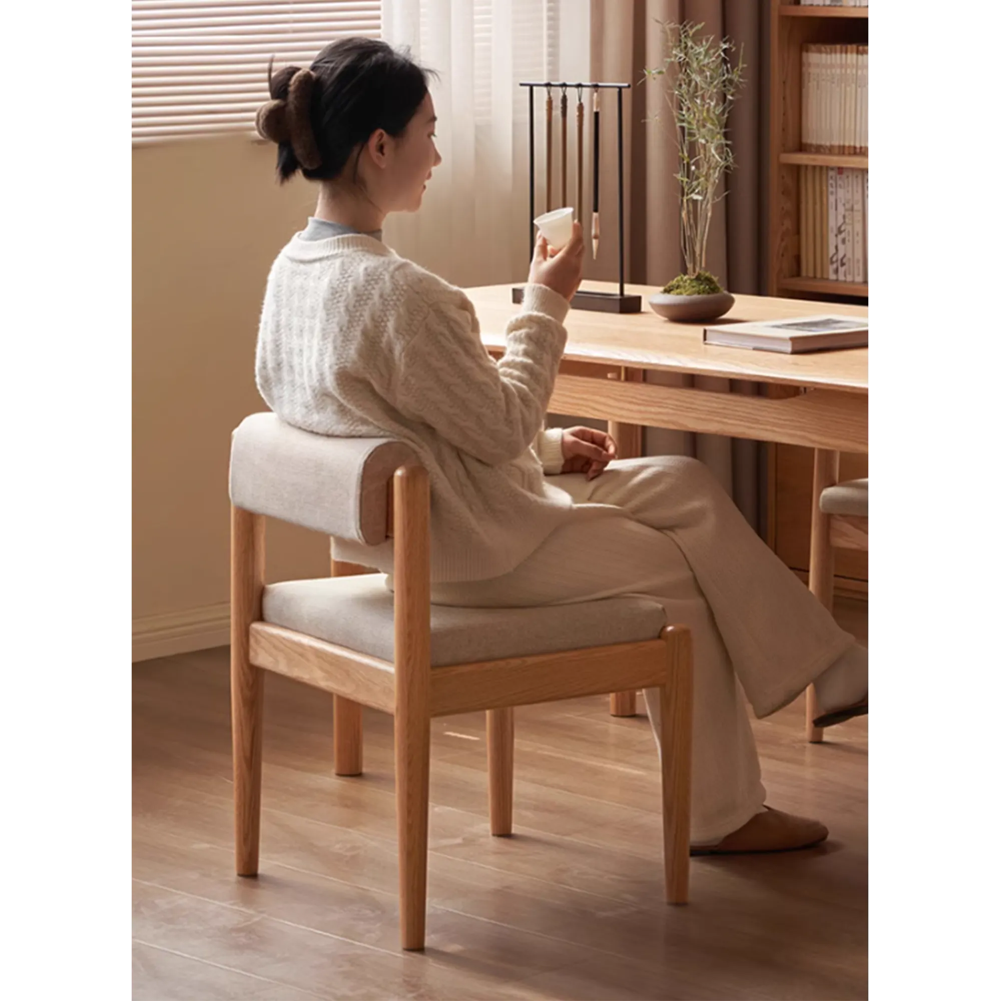 Adelyn Dining Table 1.4m (Sintered Stone) with 2 Niel Chairs and Niel Bench 1.25m in Oak - 73 - Sitting, woman, indoors