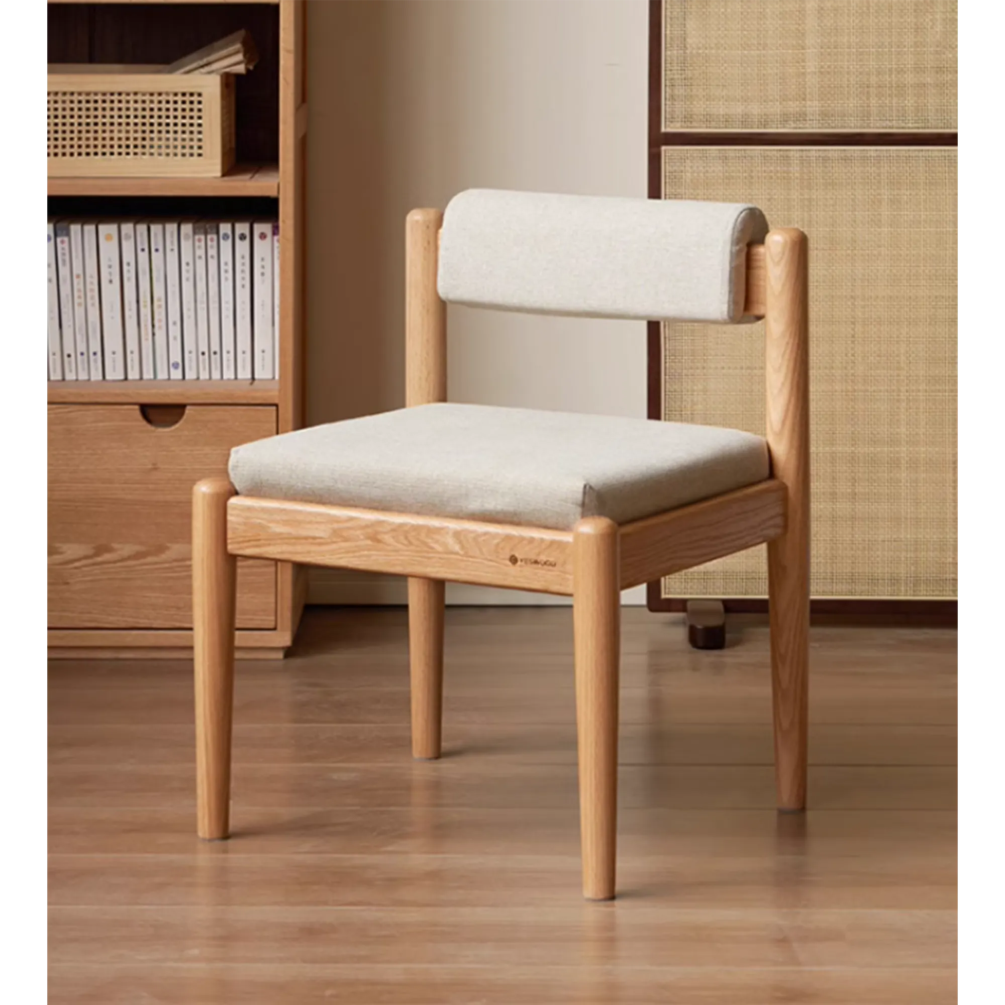 Adelyn Dining Table 1.4m (Sintered Stone) with 4 Niel Chairs in Oak - 36 - Wooden chair with light beige cushion, minimalist