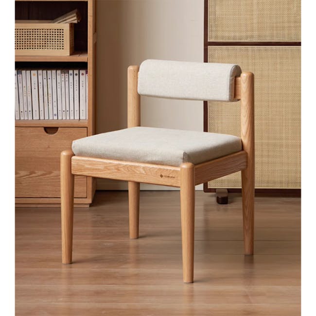 Adelyn Dining Table 1.6m (Sintered Stone) with 4 Niel Chairs in Oak - 39 - Wooden chair with light beige cushion, minimalist