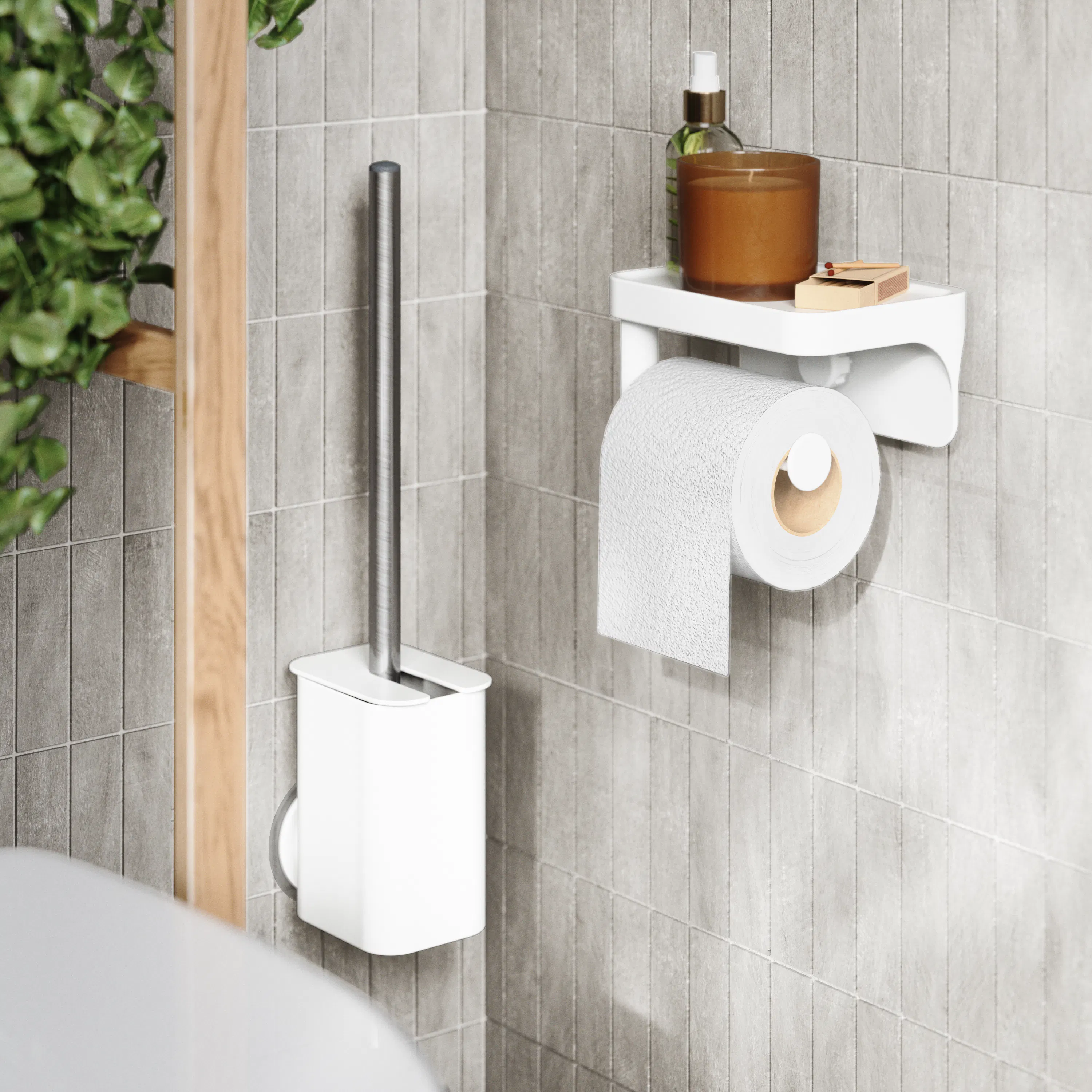 Flex Sure-Lock Toilet Brush - White - 9 - Gray tiled bathroom wall, white toilet paper holder, brown soap dispenser, wooden