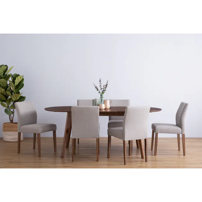 Ladee Dining Chair - Cocoa, Dolphin Grey - 4 - Light gray upholstered dining chairs, wooden table, minimalist decor, round