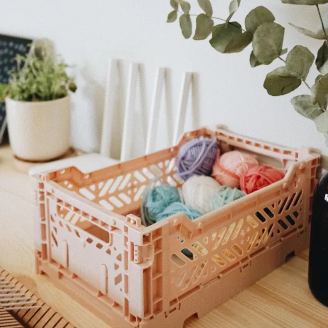 Aykasa Foldable Minibox - Electric Blue - 5 - plastic basket, colorful yarn, wooden table, indoor setting, potted plant