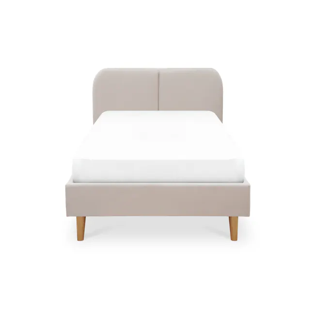 Nolan Super Single Bed - Oatmeal - 1 - Modern minimalist bed with beige upholstered headboard and wooden legs, clean and