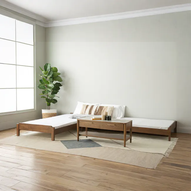 Hans Stackable Single Bed - Cocoa - 5 - Wooden bed frame, white bedding, beige rug, modern decor, large window, green plant