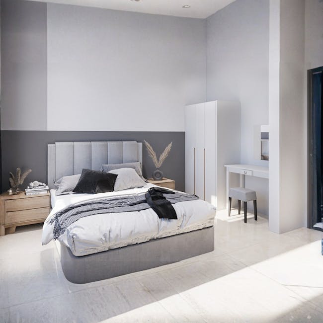 Miah 3 Door Wardrobe with Open Shelves - White - 10 - Modern minimalist bedroom with gray and white color scheme, sleek