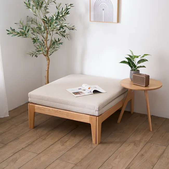 Mariel Lounge Sofa Bed - Gravel White - 3 - Modern minimalist interior, cozy living room, wooden furniture, beige cushion