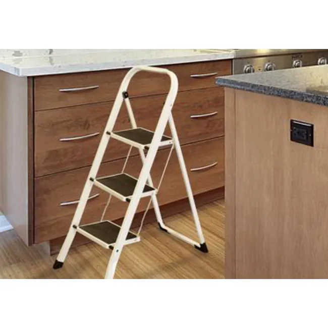 Hailo Folding Ladder 2 Step Stool - 6 - White ladder with black steps, wooden kitchen cabinets, stainless steel appliances