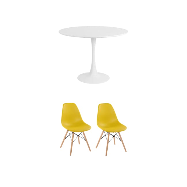 Carmen Round Dining Table 0.6m in White with 2 Oslo Chairs in Yellow - 0