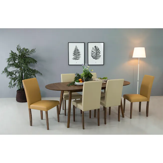 Werner Oval Extendable Dining Table 1.5m-2m - Walnut - 6 - Modern dining room with wooden table and chairs, beige