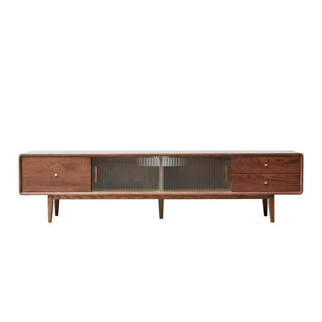 Lucia TV Console 2m - 1 - Vintage wooden sideboard, dark wood finish, brass handles, vertical slats, minimalist design