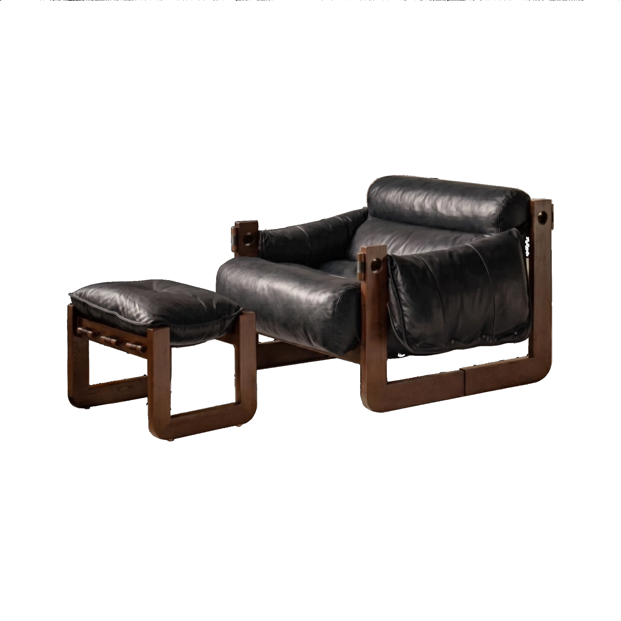 Bachelor Lounge Chair with Ottoman - Black (Genuine Leather)