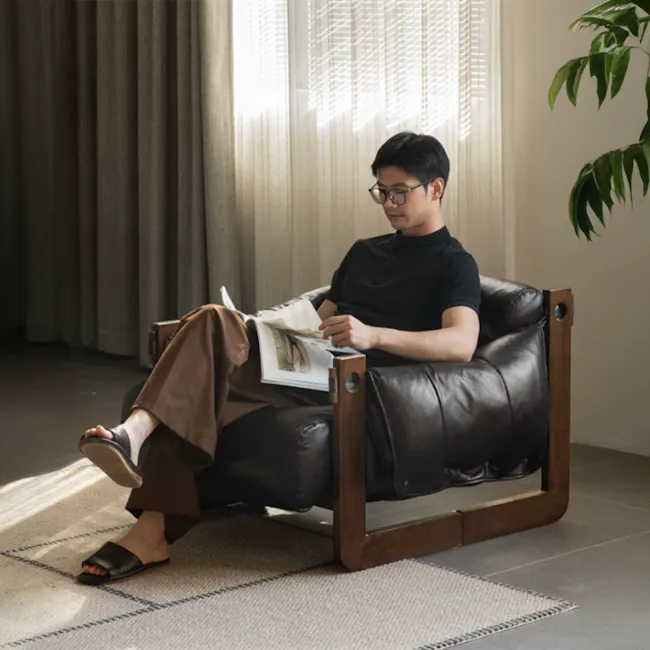 Bachelor Lounge Chair with Ottoman - Black (Genuine Leather) - 2