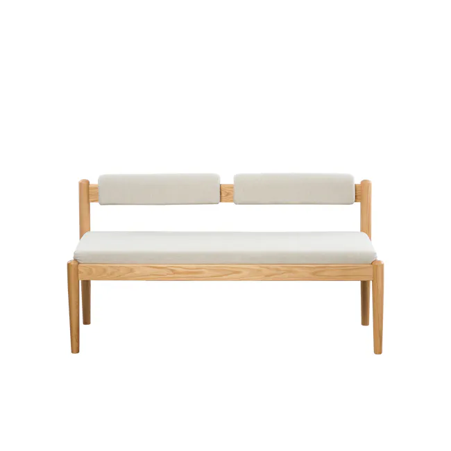 Niel Bench 1.05m - Oak, Gravel White - 8 - Wooden bench, beige cushion, light wood frame, minimalist design, modern