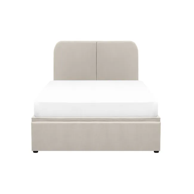 Nolan Single Storage Bed - Oatmeal - 1 - Modern minimalist bed with beige upholstered headboard and white bedding, clean and