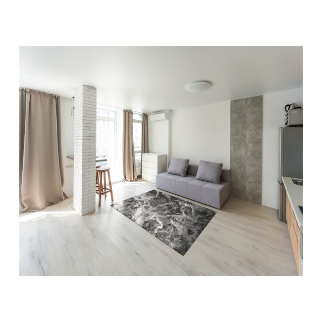 Lorenza Low Pile Rug - Black / White - 6 - Modern minimalist living room with light hardwood floors, neutral color palette