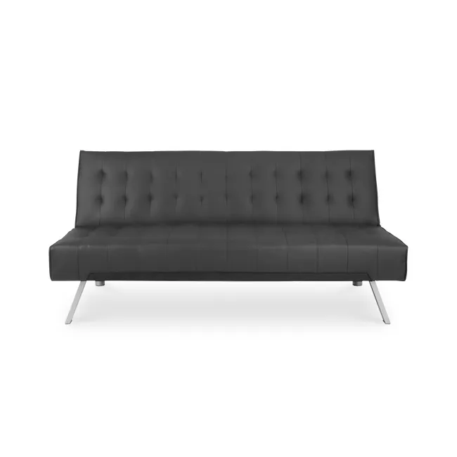 Julia 3 Seater Sofa Bed - Slate Grey (Faux Leather) - 1 - Modern black leather sofa with tufted design, sleek metal legs