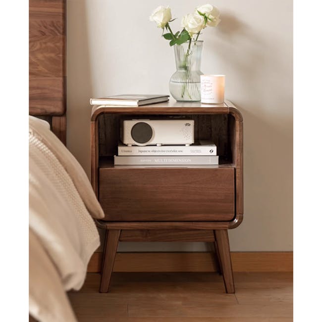 Bonnie Bedside Table - Walnut - 2 - Wooden nightstand, minimalist design, bedside table, wooden legs, soft lighting, cozy