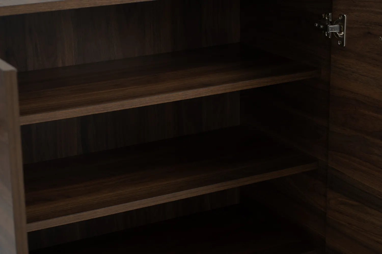 Sandra Shoe Cabinet - Walnut - 12 - Wooden shelf, dark wood finish, empty shelves, minimalist design, wooden texture