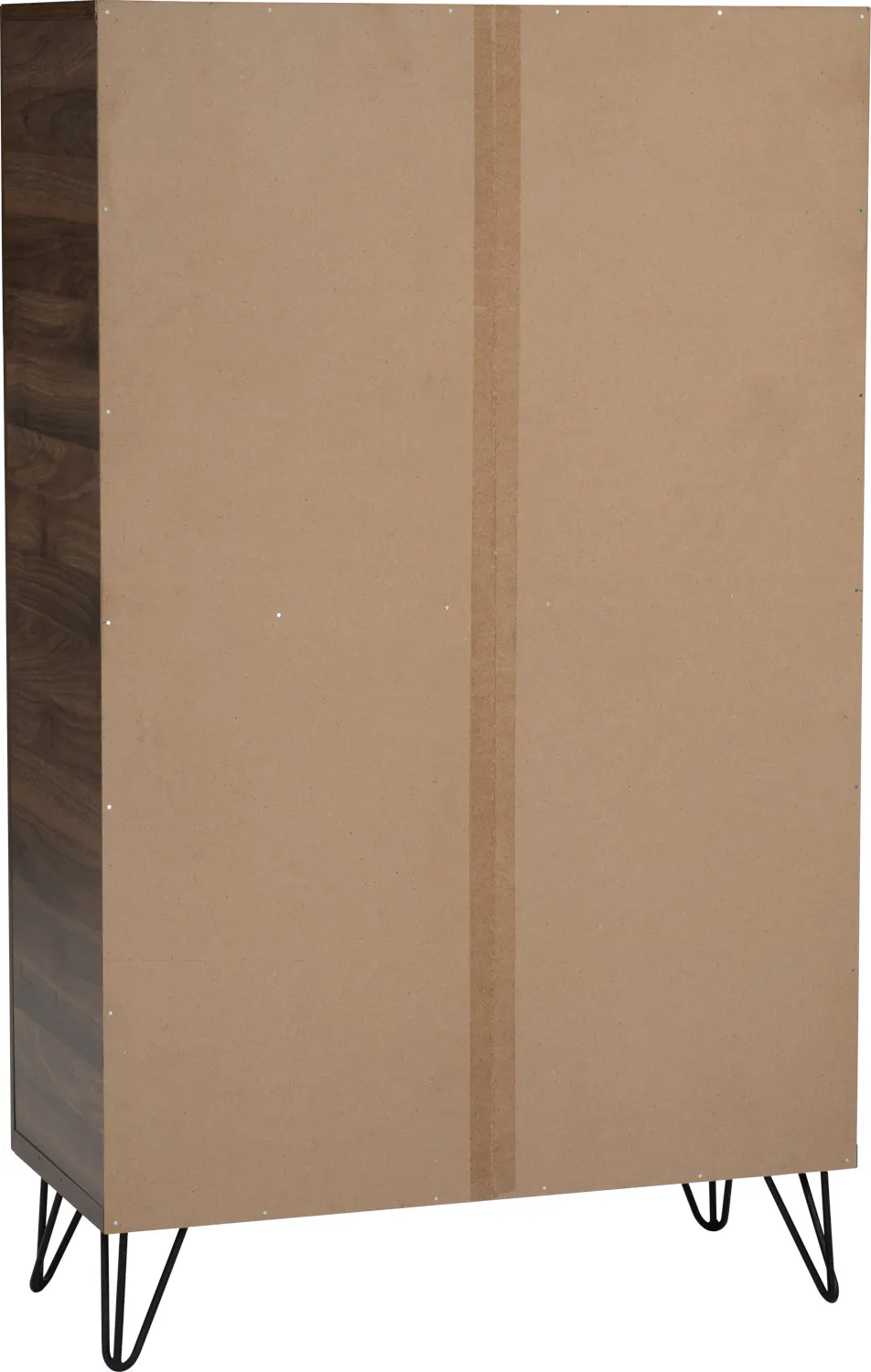 Sandra Shoe Cabinet - Walnut - 9 - Brown cardboard display stand, minimalist design, black metal legs, wooden panel