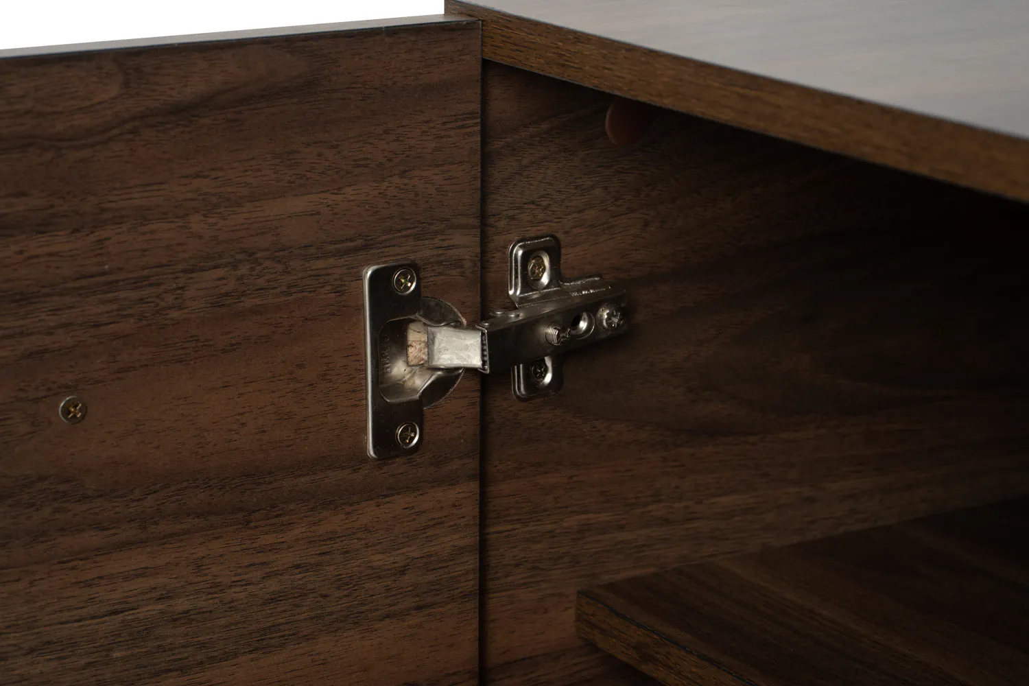 Sandra Shoe Cabinet - Walnut - 13 - Wooden cabinet with metal hinge, dark wood texture, screws on hinge, drawer open