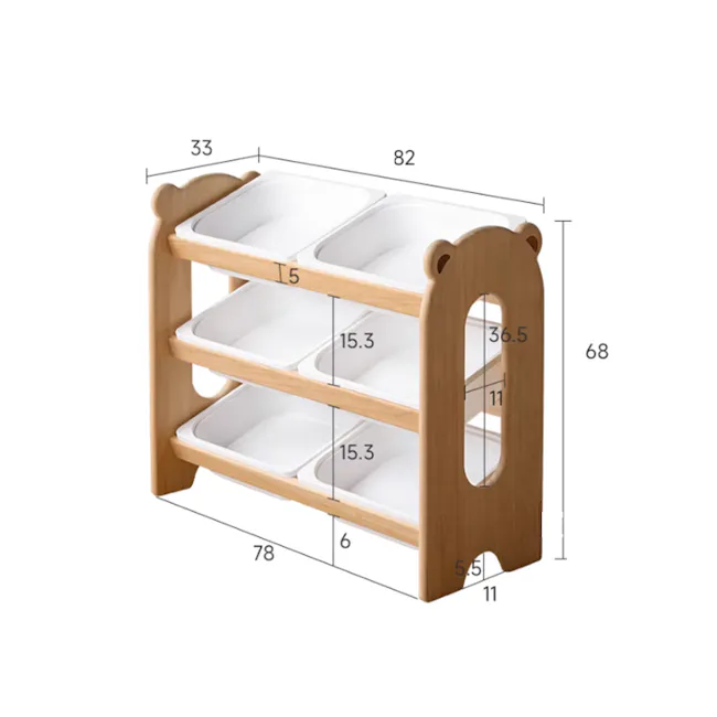 Aiko Wooden Kids Toy Storage Rack - 12 - Wooden shelf with multiple compartments, measuring 33 x 82 cm, 3 x 3 cm, 68 x 78