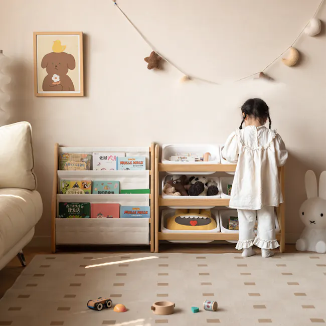Aiko Wooden Kids Toy Storage Rack - 16 - Children's room, cozy atmosphere, soft lighting, white walls, wooden furniture