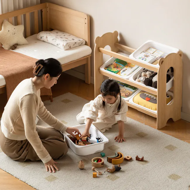 Aiko Wooden Kids Toy Storage Rack - 13 - woman and child sitting on rug, woman helping child with toys, child playing with