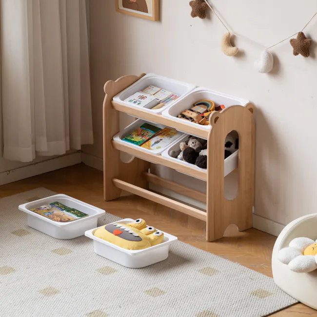 Aiko Wooden Kids Toy Storage Rack - 3 - Wooden shelf with compartments, soft toys, books, and stuffed animals, neatly