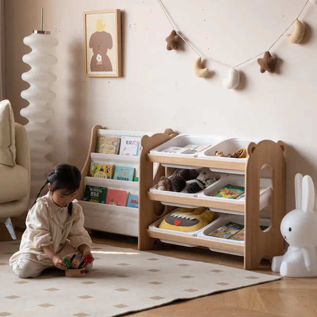Aiko Wooden Kids Toy Storage Rack - 15 - Children's room, cozy atmosphere, soft lighting, children's furniture, bookshelf