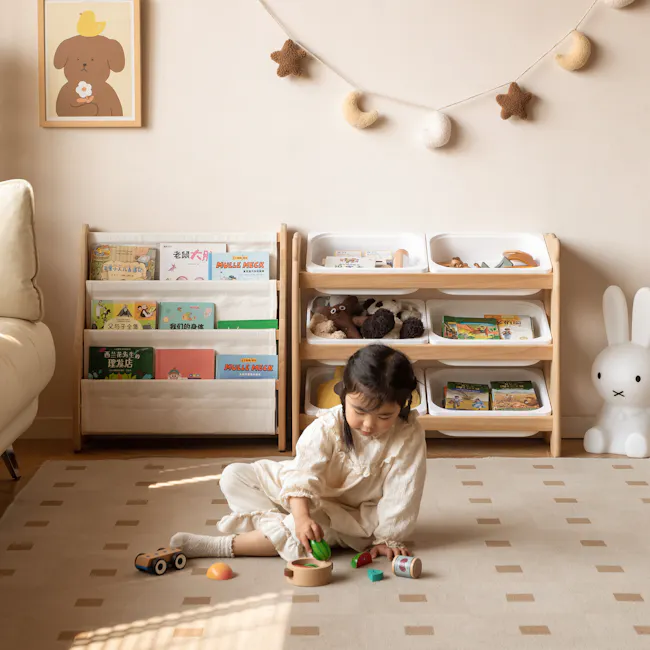 Aiko Wooden Kids Toy Storage Rack - 14 - Children's room, cozy atmosphere, soft lighting, wooden furniture, bookshelf