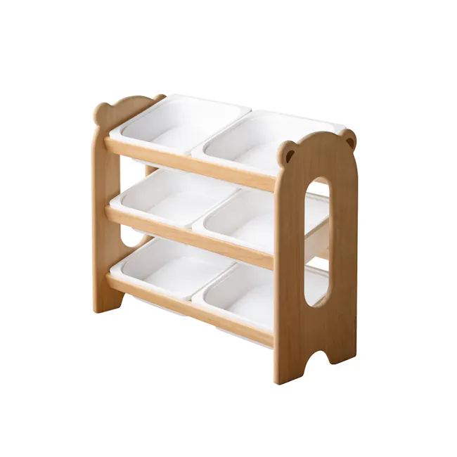 Aiko Wooden Kids Toy Storage Rack - 1 - Wooden kitchen shelf, white storage bins, minimalist design, open shelving