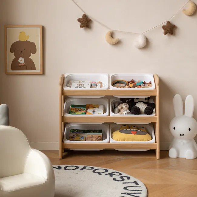 Aiko Wooden Kids Toy Storage Rack - 2 - Children's play area, cozy corner, wooden shelving, soft toys, educational bins