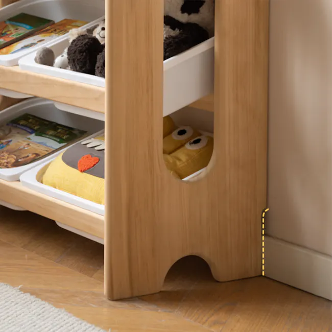 Aiko Wooden Kids Toy Storage Rack - 10 - Wooden shelf, open drawer, soft toys, stuffed animals, colorful books, cozy corner