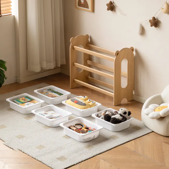 Aiko Wooden Kids Toy Storage Rack - 4 - childroom, cozy corner, wooden crib, soft lighting, baby toys, plush toys, stuffed