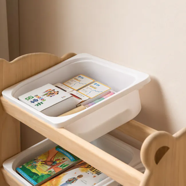Aiko Wooden Kids Toy Storage Rack - 5 - Wooden shelf, white storage bin, neatly organized, children's books, educational