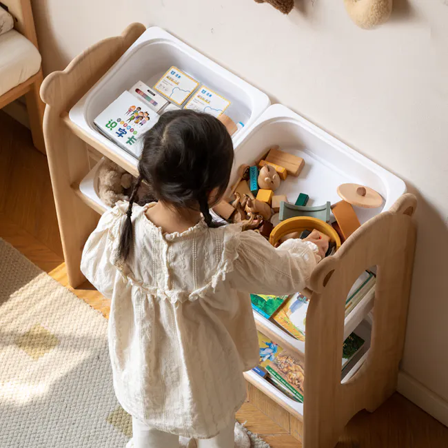 Aiko Wooden Kids Toy Storage Rack - 7 - child, toddler, sitting, playing, toys, wooden blocks, colorful blocks, educational