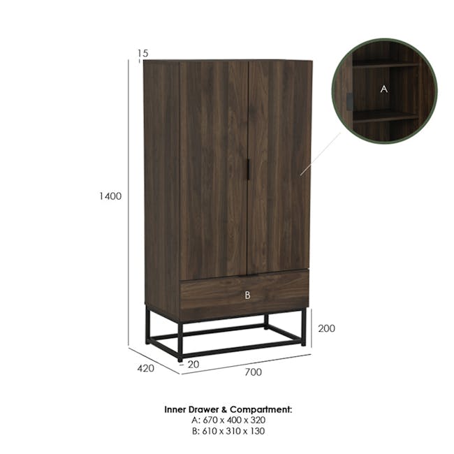 Carrie Tall Storage Cabinet - 10 - Wooden wardrobe, 3000 square inches, 1400mm height, 700mm width, 420mm depth, 200mm