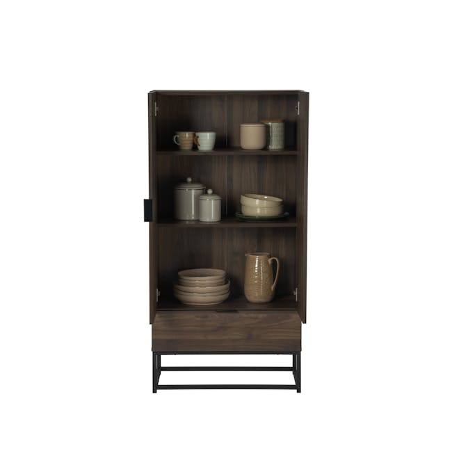 Carrie Tall Storage Cabinet - 2 - Dark wooden kitchen cabinet, minimalist design, open shelves, ceramic mugs, pastel striped