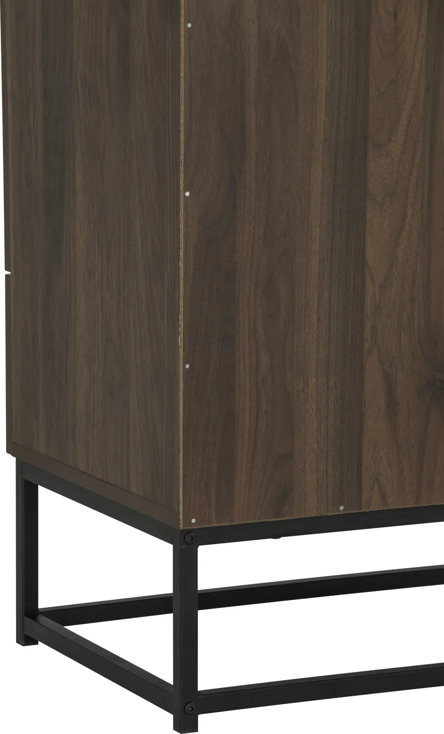 Carrie Tall Storage Cabinet - 9 - Wooden cabinet with black metal frame, vertical wood grain texture, dark brown wood panel