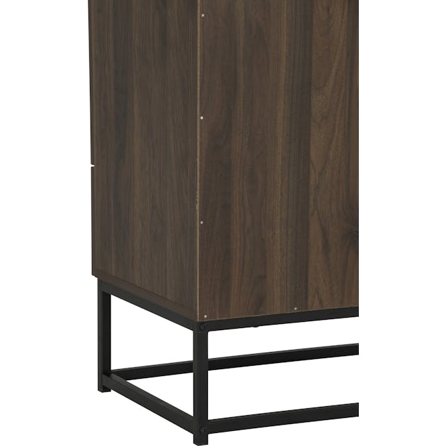 Carrie Tall Storage Cabinet - 9 - Wooden cabinet with black metal frame, vertical wood grain texture, dark brown wood panel