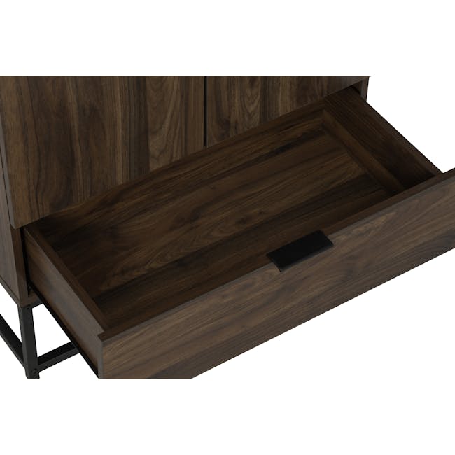 Carrie Tall Storage Cabinet - 7 - Wooden drawer with sleek metal frame, dark wood grain texture, minimalist design, open