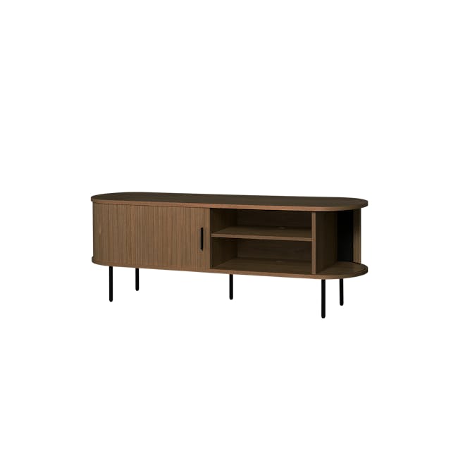 Nola TV Console 1.5m - Walnut - 2 - Wooden desk with open shelves, minimalist design, modern aesthetic, sleek black legs