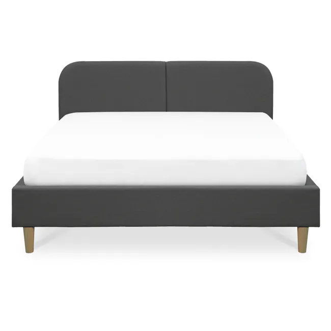 Nolan King Bed in Hailstorm with 2 Miah Bedside Table in White - 4 - Modern minimalist bed with dark gray headboard and